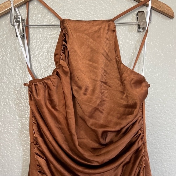 Bronze Satin Ruched Backless Maxi Dress Medium - Picture 5 of 7